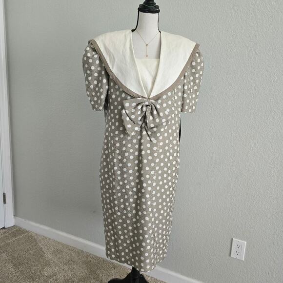 St. Gillian VTG Silk Polka Dot Midi Dress 12 Puff Sleeves Bow Collar Retro 80s - Picture 5 of 11